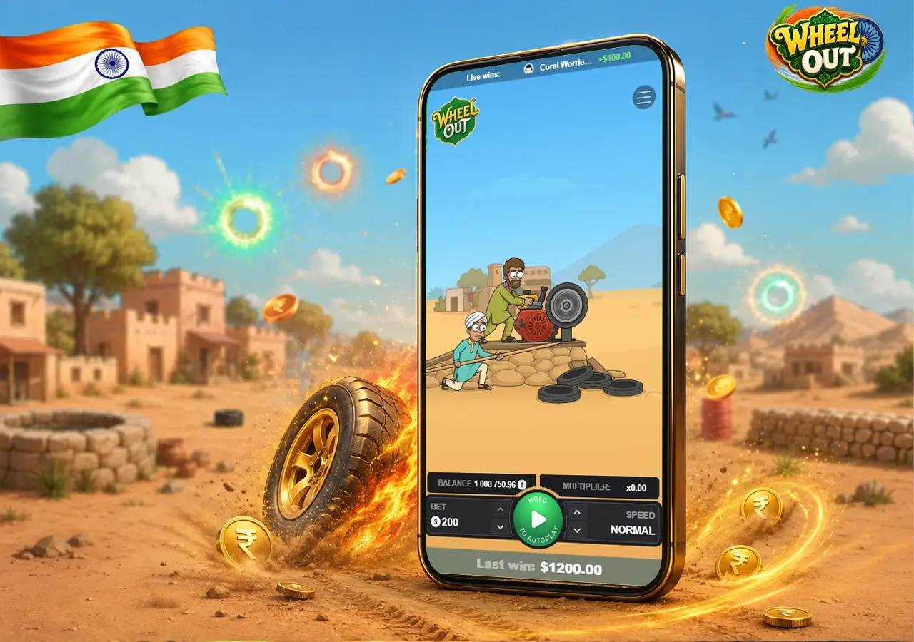 Wheel Out Game India overview with phone, desert track, wheel and gaming accents