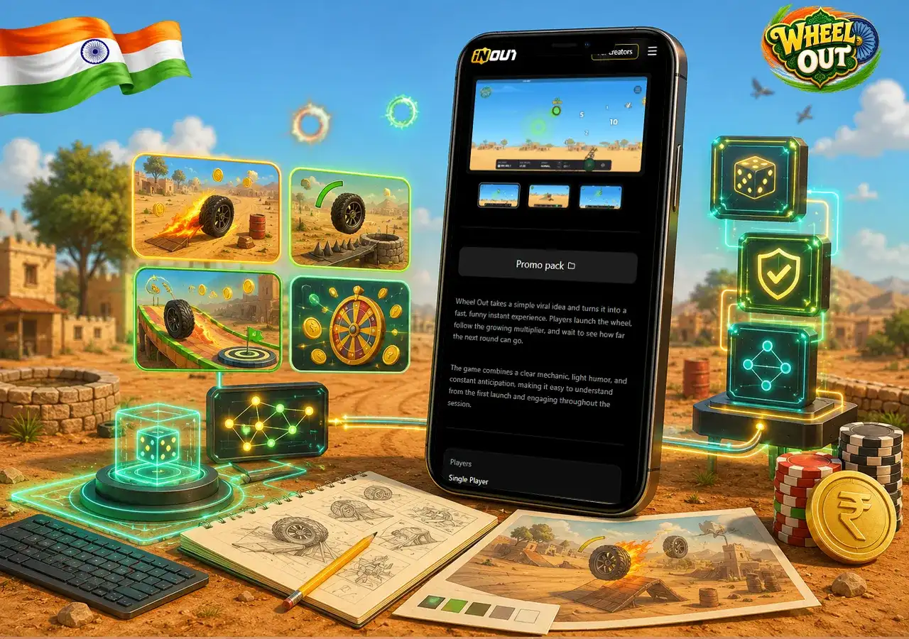 Game studio overview with phone, fairness mechanics, game tiles and Wheel Out branding