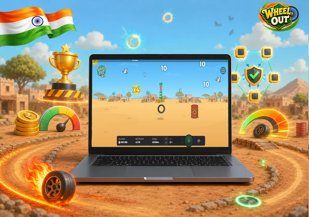 Key game figures on laptop with rupees, risk gauge and prize symbols