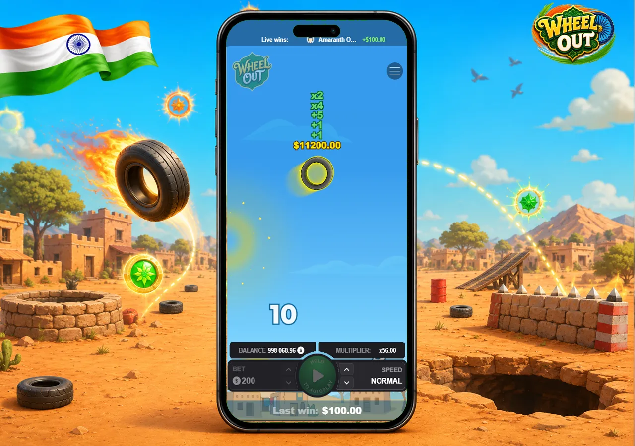 Wheel Out gameplay concept with flaming tyre, desert route and hazard elements