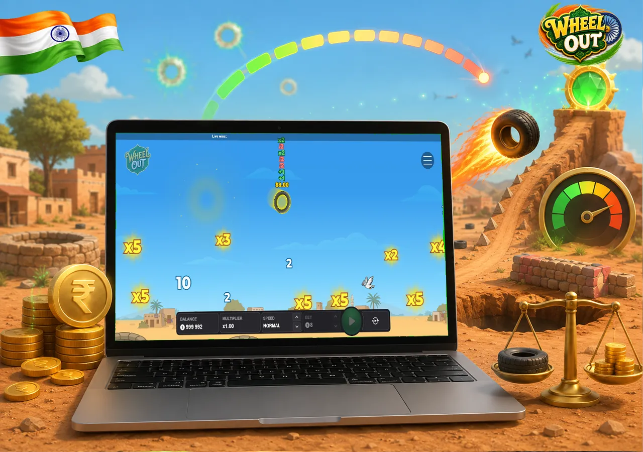 RTP and volatility overview with laptop, risk gauge, wheel and prize accents
